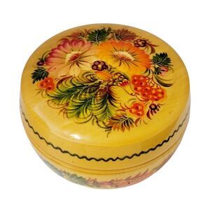 Vintage Lided Wooden Jewelry Trinket Storage Box Painted Floral Tropical 2" Tall